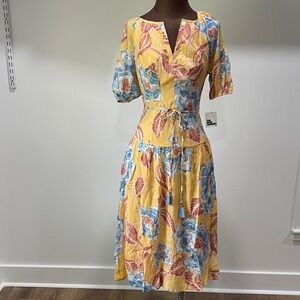 Yellow Floral Midi Dress with Tie Waist